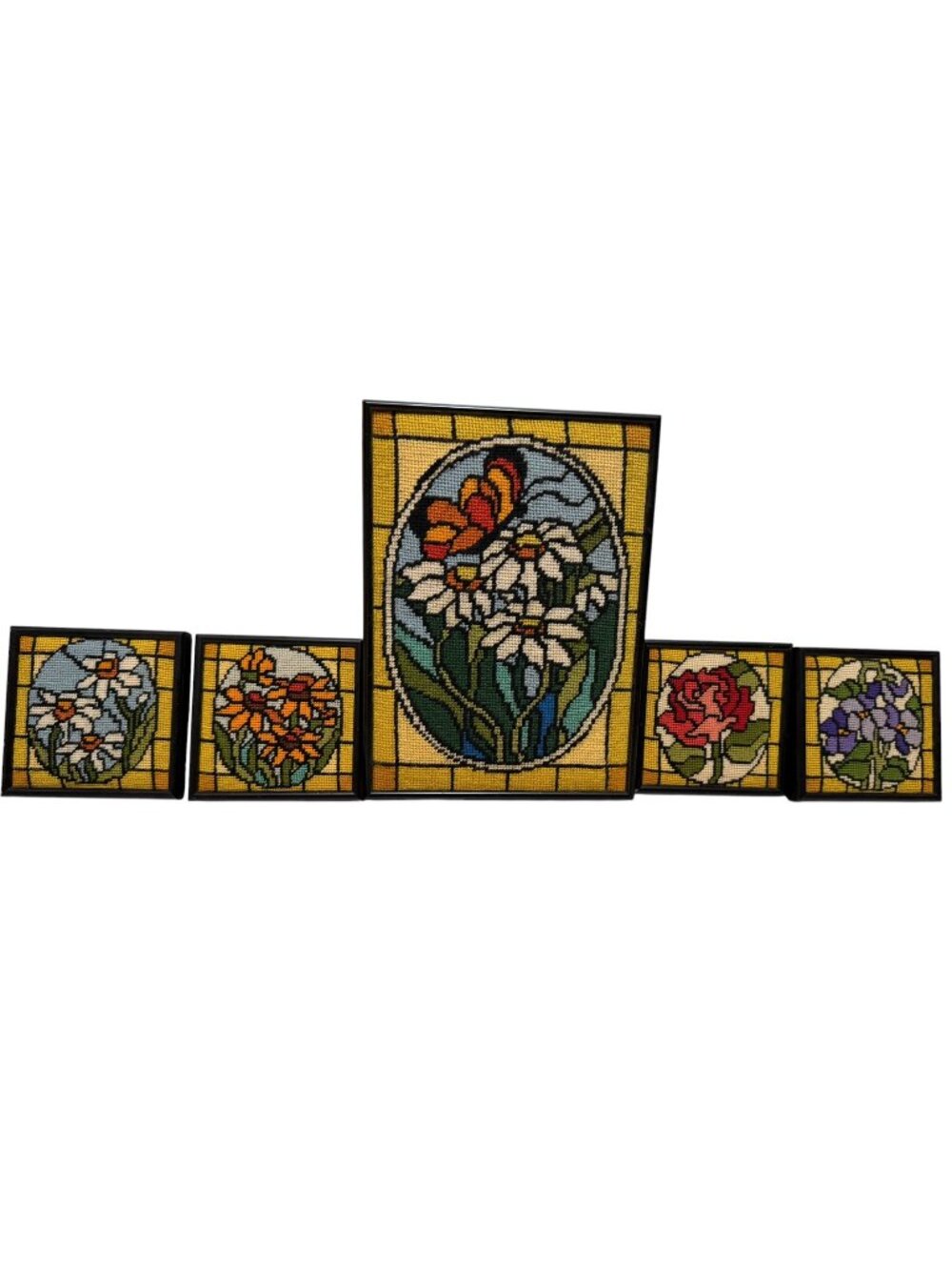 Framed Floral Needlepoint Wall Art Sunset Designs Stained Glass Vintage 70s